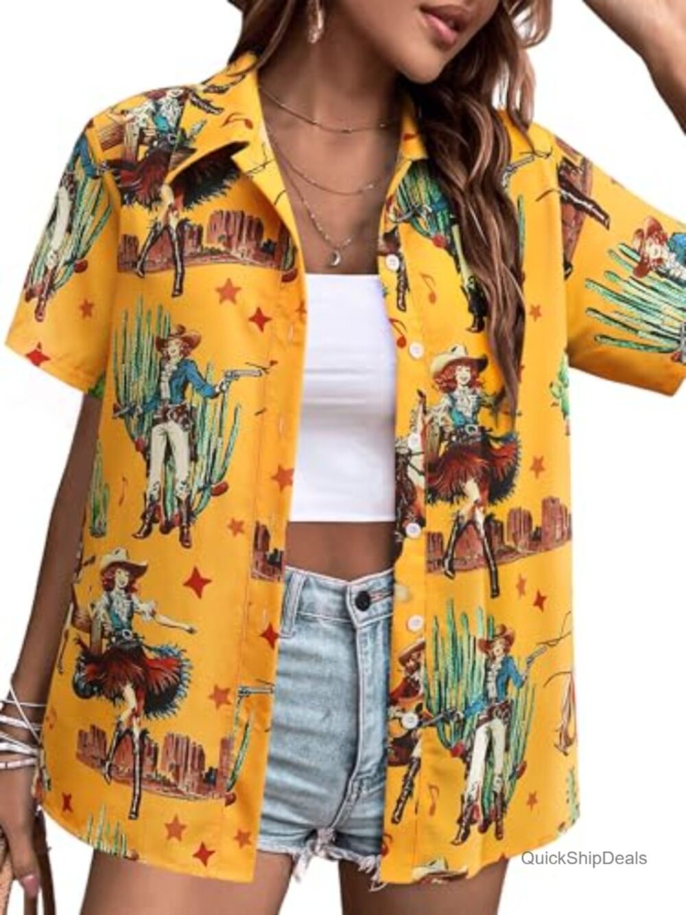 Women's Western Cowgirl Button Up Short Sleeve Hawaiian Shirt Top